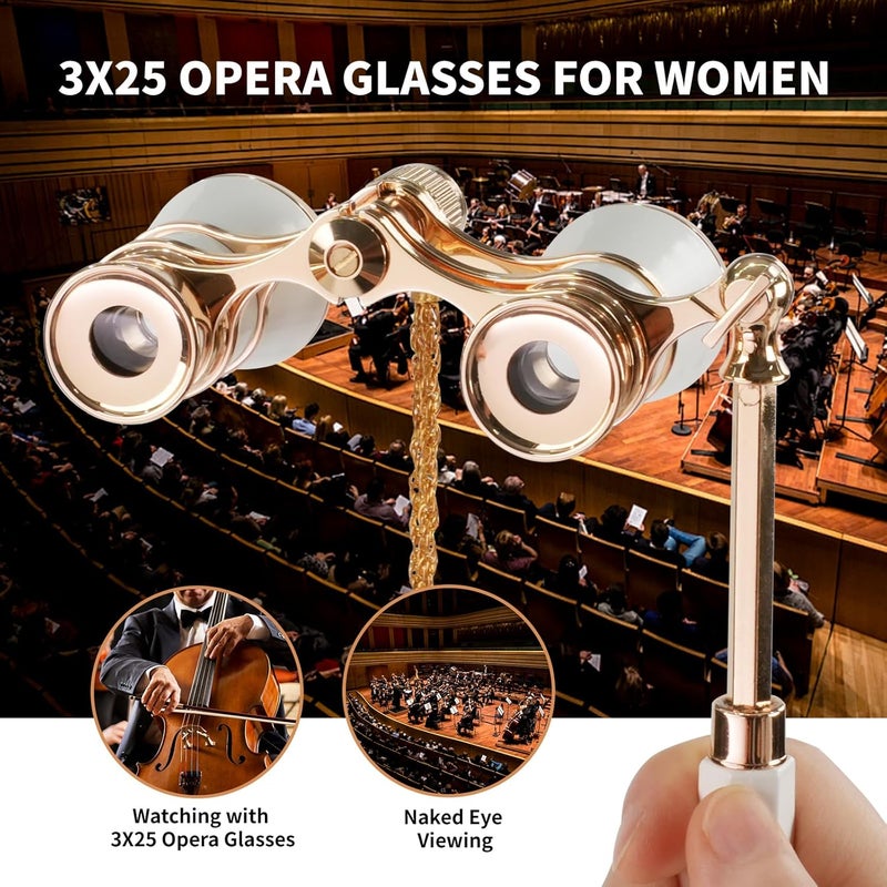 BOSTRON 3X25 Opera Glasses for Women, Theater Binoculars with Adjustable Handle & Chain,Portable Vintage Theater Glasses Compact Binoculars for Adults Kids for Music Concerts Opera Houses Cinema,White - Image 3